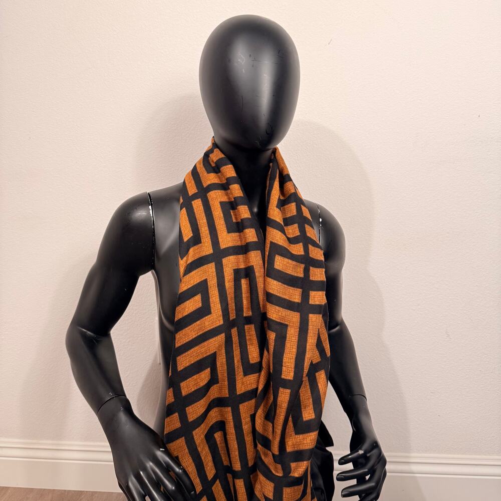 Jessica McClintock Black & Burnt Orange Geometric Scarf Shawl Wrap NWT
